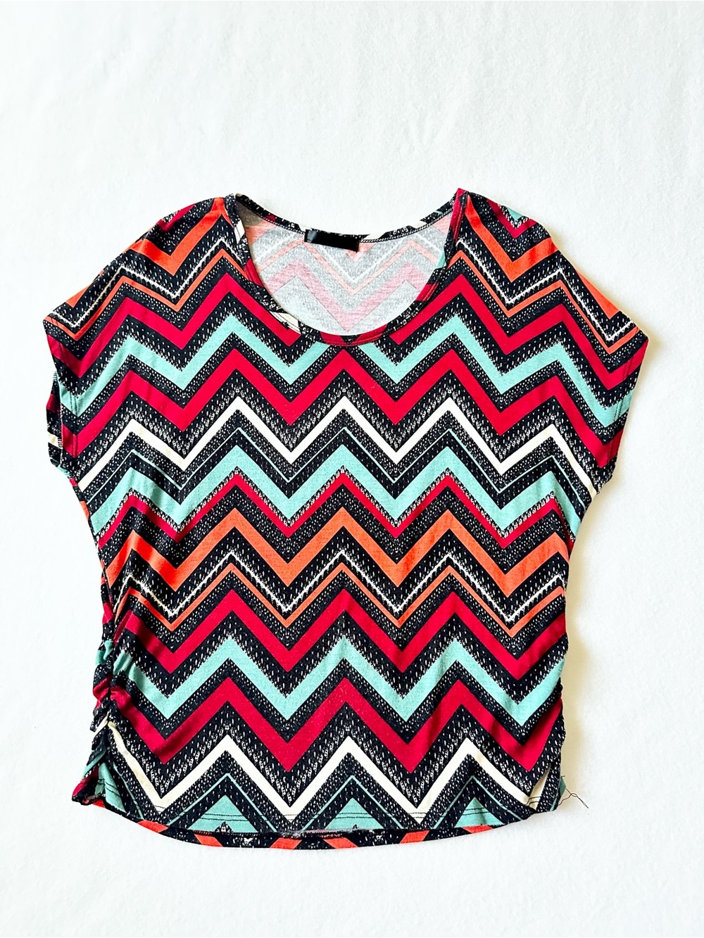 Women Lime Blue Chevron Print Top Large  Multicolor Short Sleeve Blouse